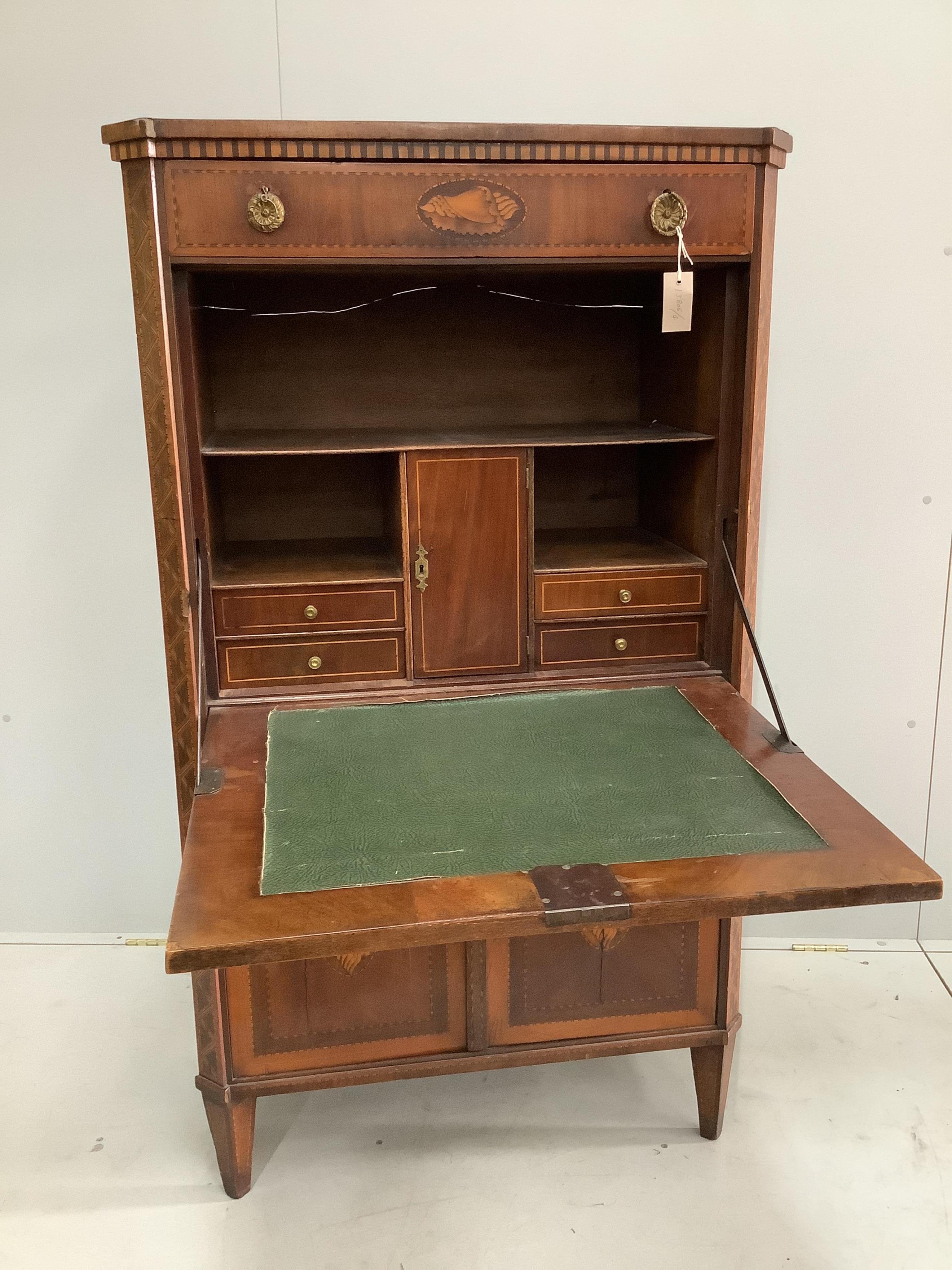 An early 19th century Dutch marquetry inlaid mahogany secretaire à abbatant, width 82cm, depth 41cm, height 143cm